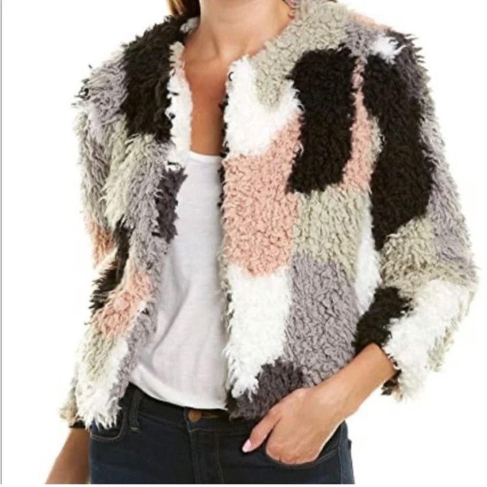1.STATE Faux Fur Jacket Womens Small‎ Colorblock Patchwork Shag Teddy Lined